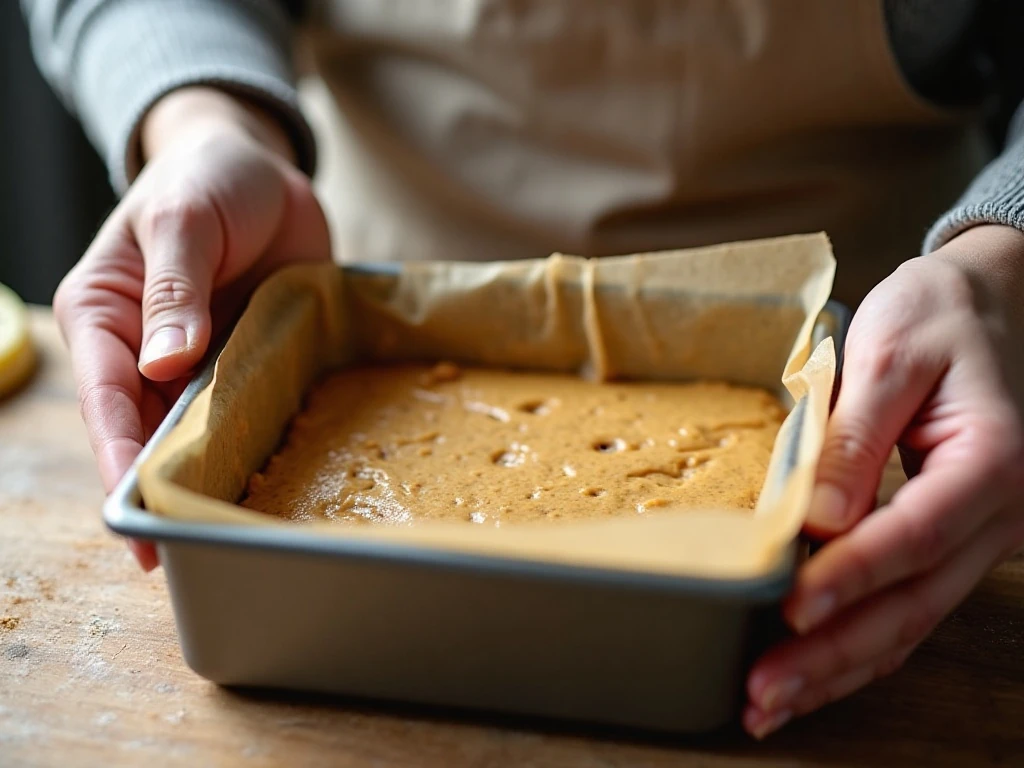 Thick semolina love cake batter smoothed in a lined square baking tin