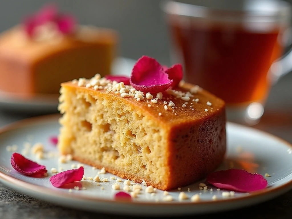 Close-up slice of moist cashew and candied pumpkin Christmas love cake