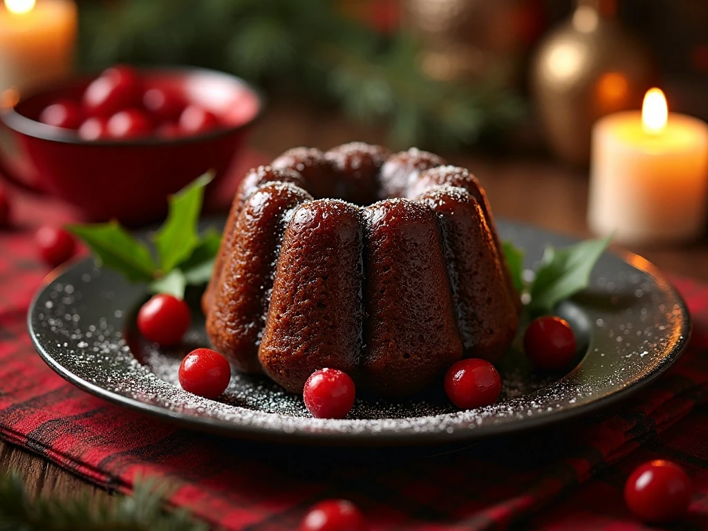 Traditional Christmas plum pudding served on a festive platter