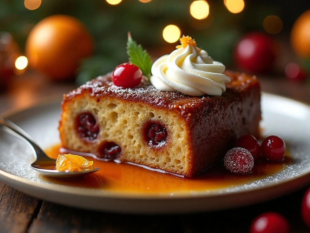 Slice of Christmas plum pudding with brandy sauce and cream