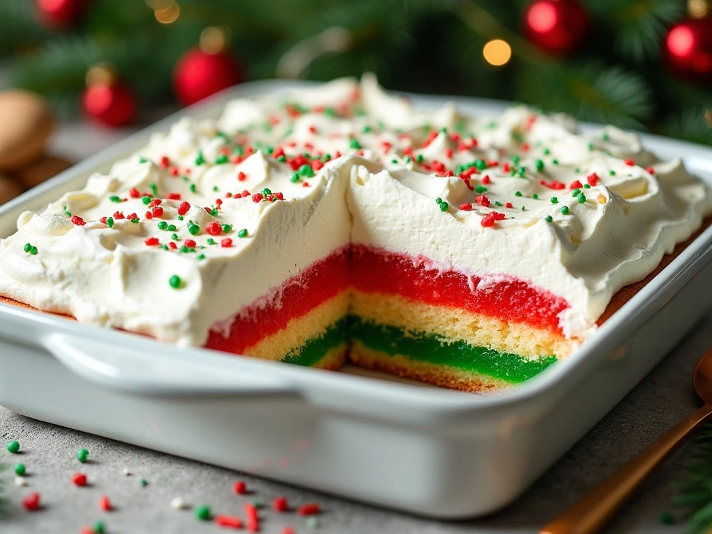 Christmas poke cake with red and green gelatin and whipped topping