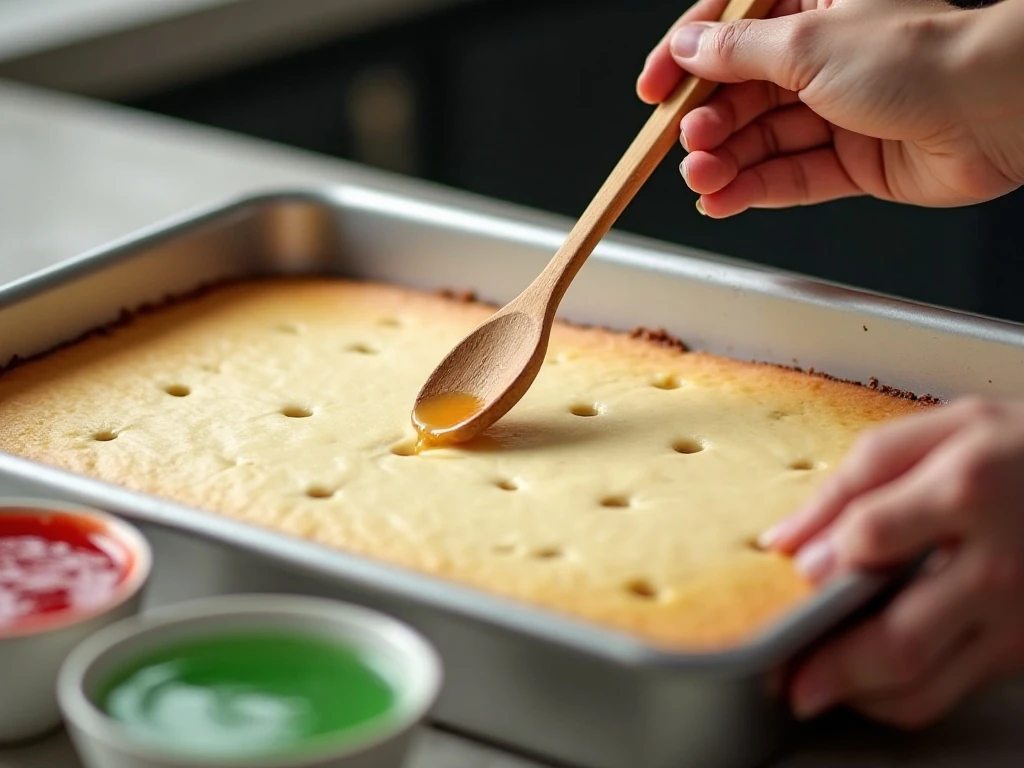Poking holes in a warm cake for Christmas gelatin filling