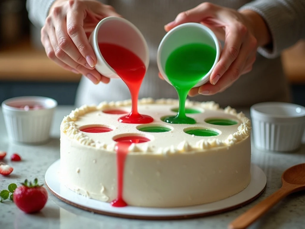 Adding red and green gelatin to poke cake holes