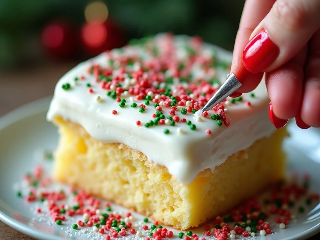 Whipped topping and Christmas sprinkles on poke cake