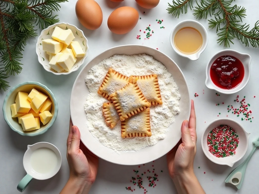 Ingredients for homemade Christmas Pop-Tarts with jam and festive decorations