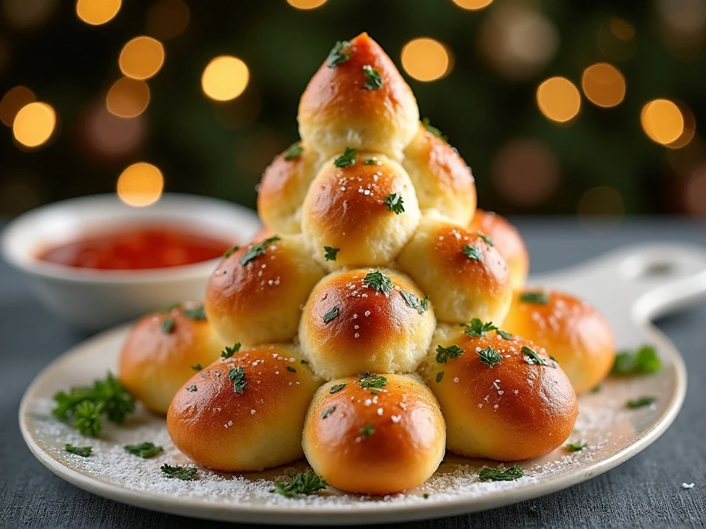 Golden Christmas tree pull-apart bread served with warm marinara