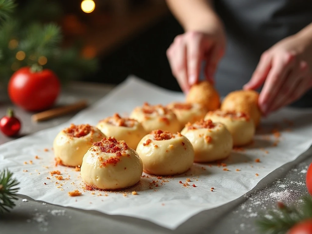Stuffed dough balls arranged into a Christmas tree shape