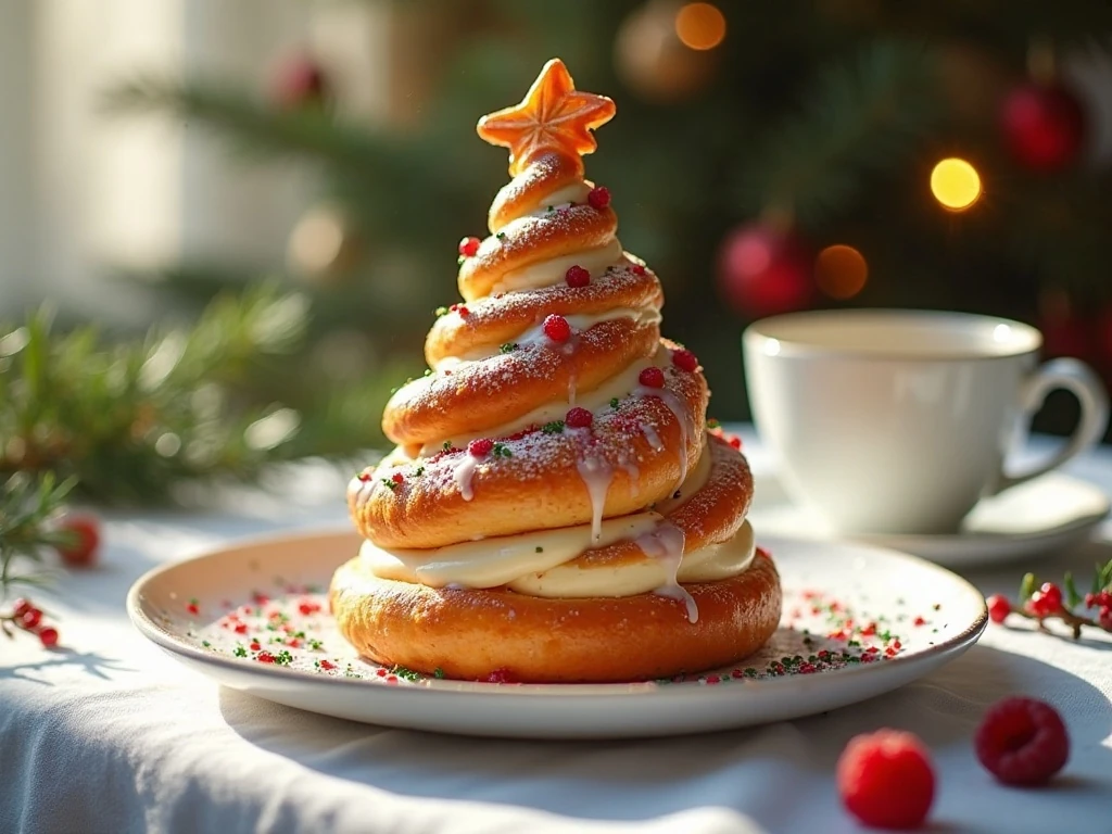 Golden Christmas tree breakfast Danish decorated with vanilla glaze and festive sprinkles