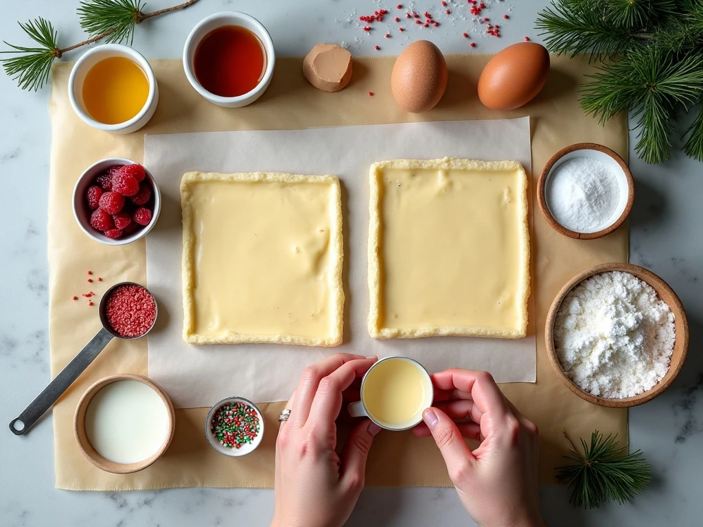 Ingredients for puff pastry Christmas tree breakfast Danish arranged on a baking surface