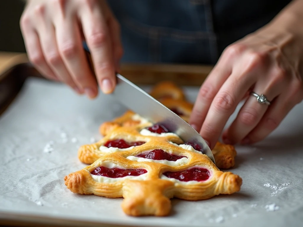 Shaping and cutting filled puff pastry into a Christmas tree Danish