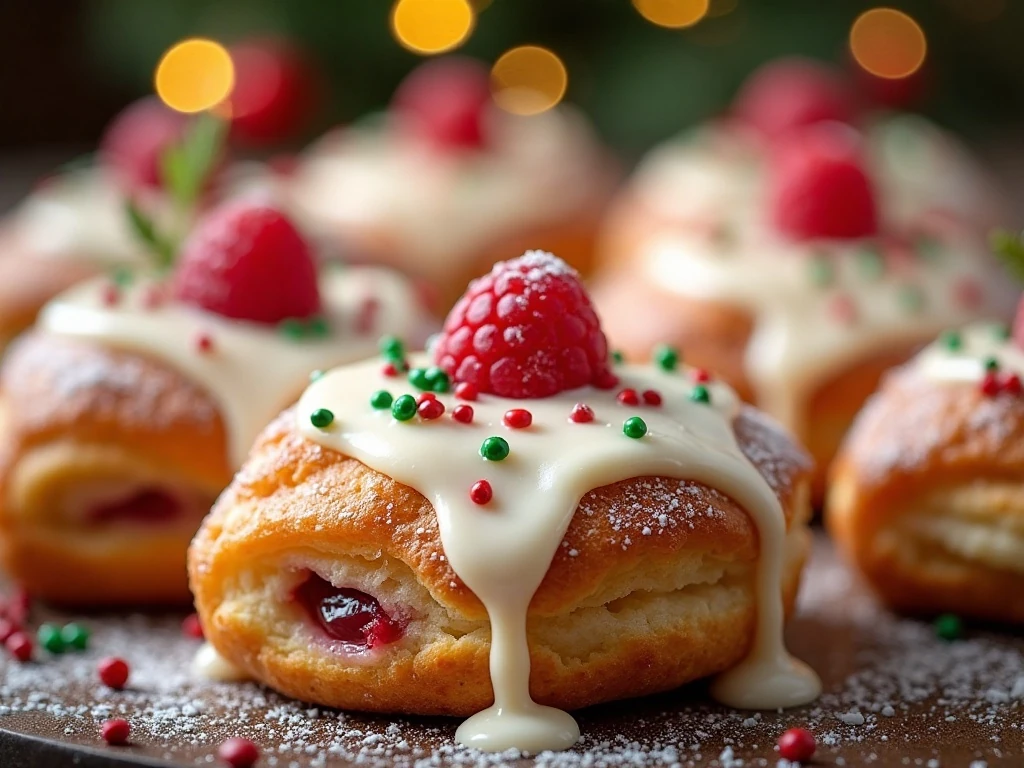 Vanilla glaze and colorful sprinkles decorating a Christmas tree Danish