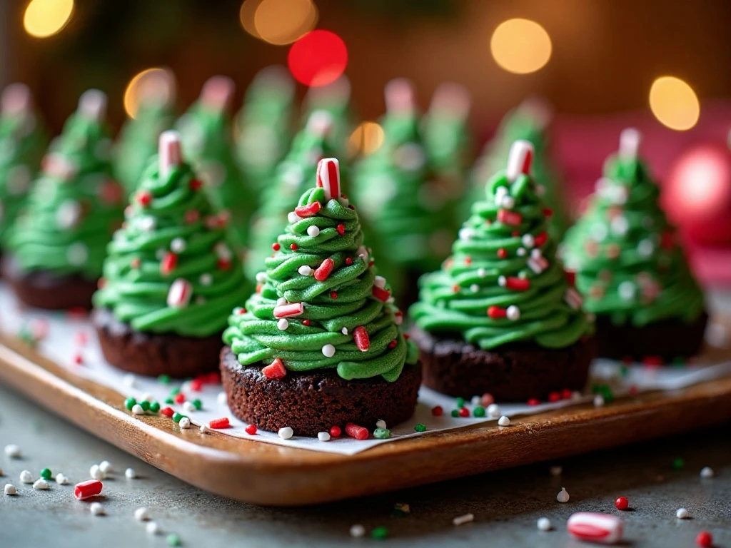 Christmas tree brownies decorated with green frosting, sprinkles, and candy-cane trunks