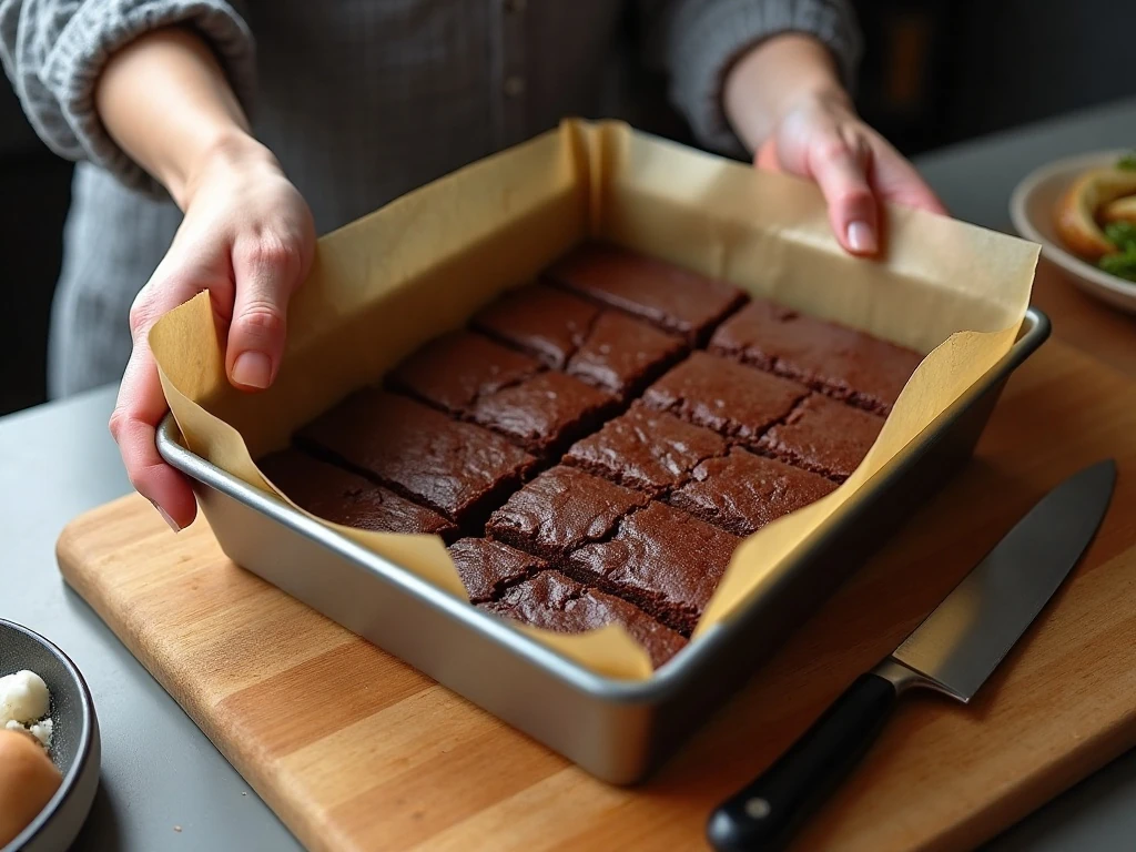 Cutting cooled brownies into Christmas tree triangle shapes