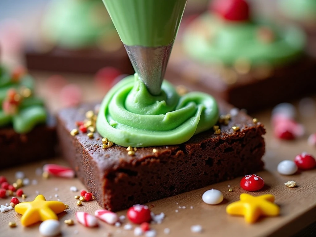 Decorating Christmas tree brownies with green frosting and sprinkles
