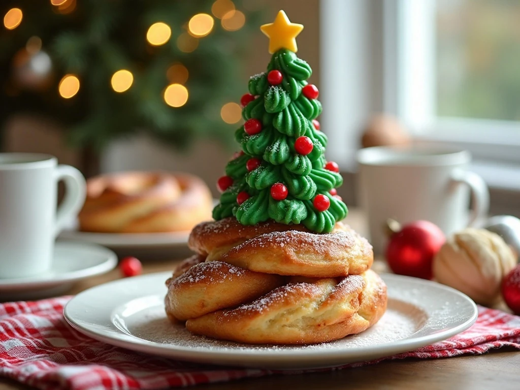 Decorated Christmas Tree Cinnamon Rolls served as a festive holiday breakfast centerpiece