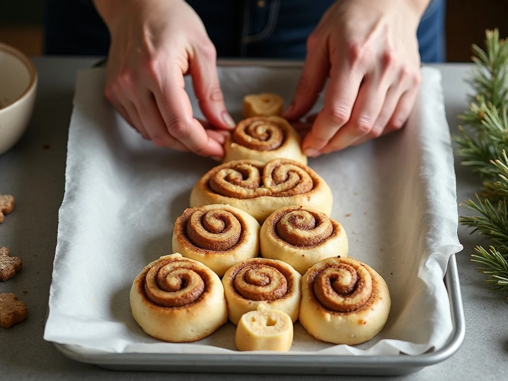 Unbaked cinnamon rolls arranged into a Christmas tree shape