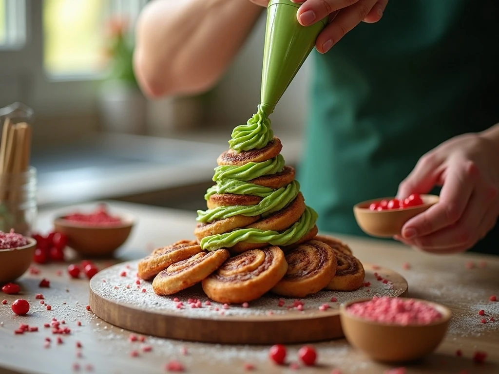 Green frosting being piped over a baked Christmas Tree Cinnamon Roll