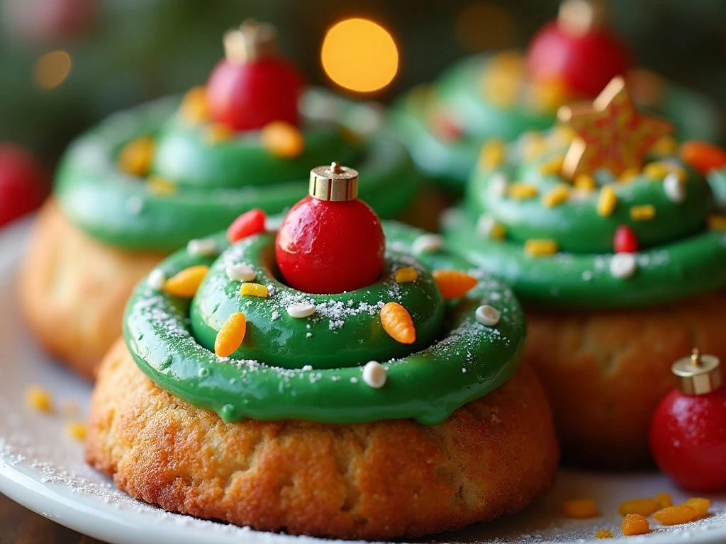Close-up of candy ornaments and sprinkle lights on Christmas Tree Cinnamon Rolls