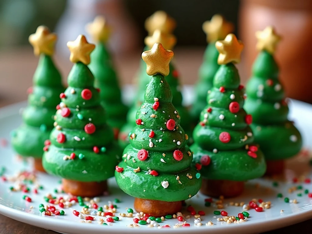 Christmas tree pretzel rods arranged on a festive holiday platter