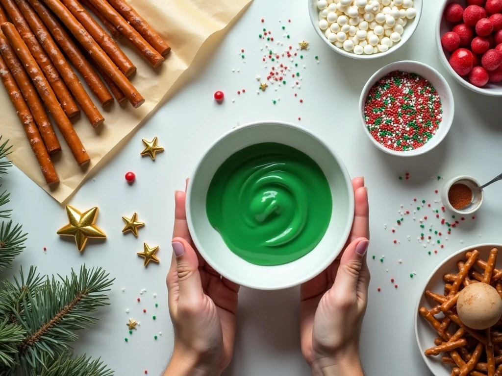 Ingredients for Christmas tree pretzel rods