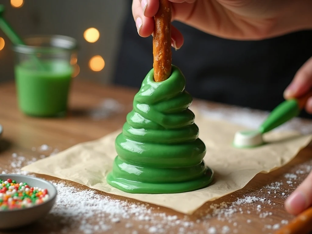 Green candy coating being piped into a Christmas tree shape on a pretzel rod