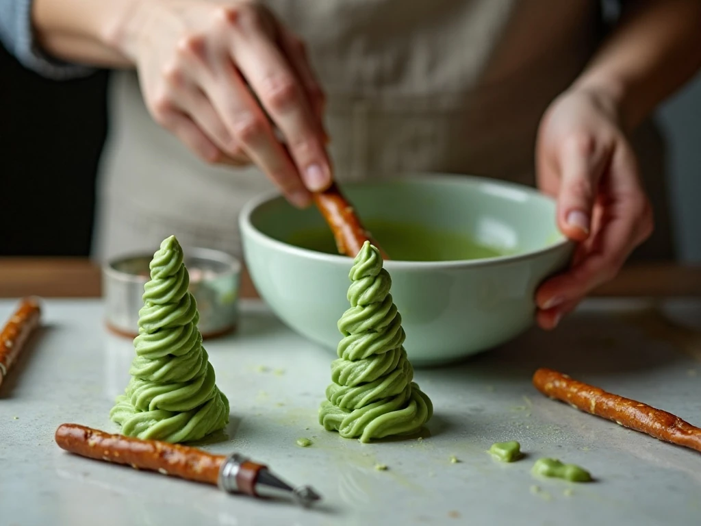 Pretzel rods being shaped into neat green Christmas trees