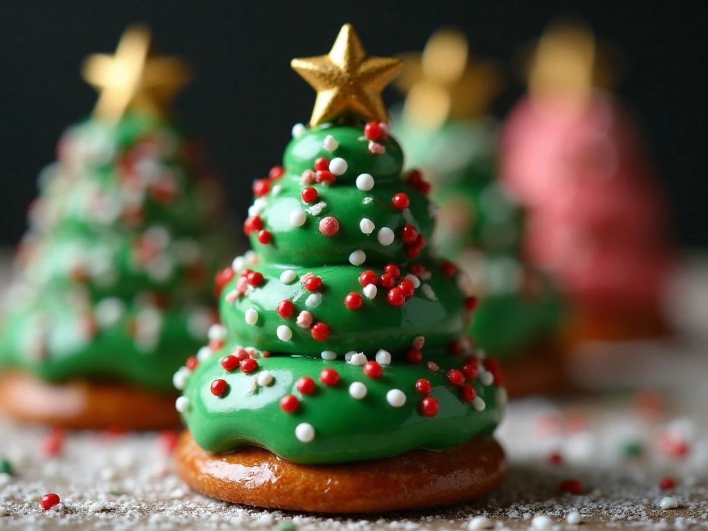 Close-up of sprinkles and a gold star decorating a pretzel Christmas tree