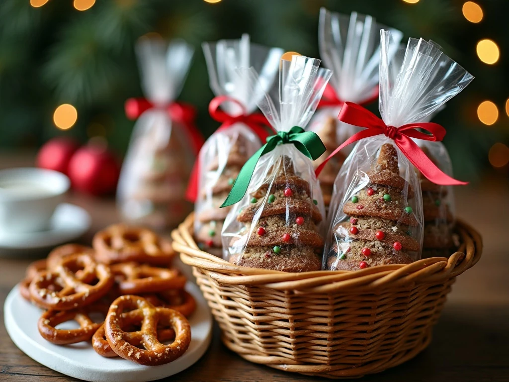 Wrapped Christmas tree pretzel rods ready for gifting