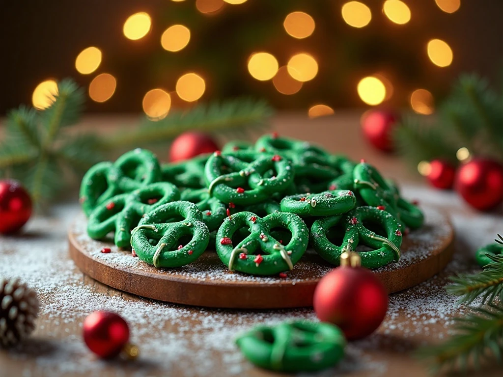Festive green Christmas tree pretzels arranged on a holiday platter