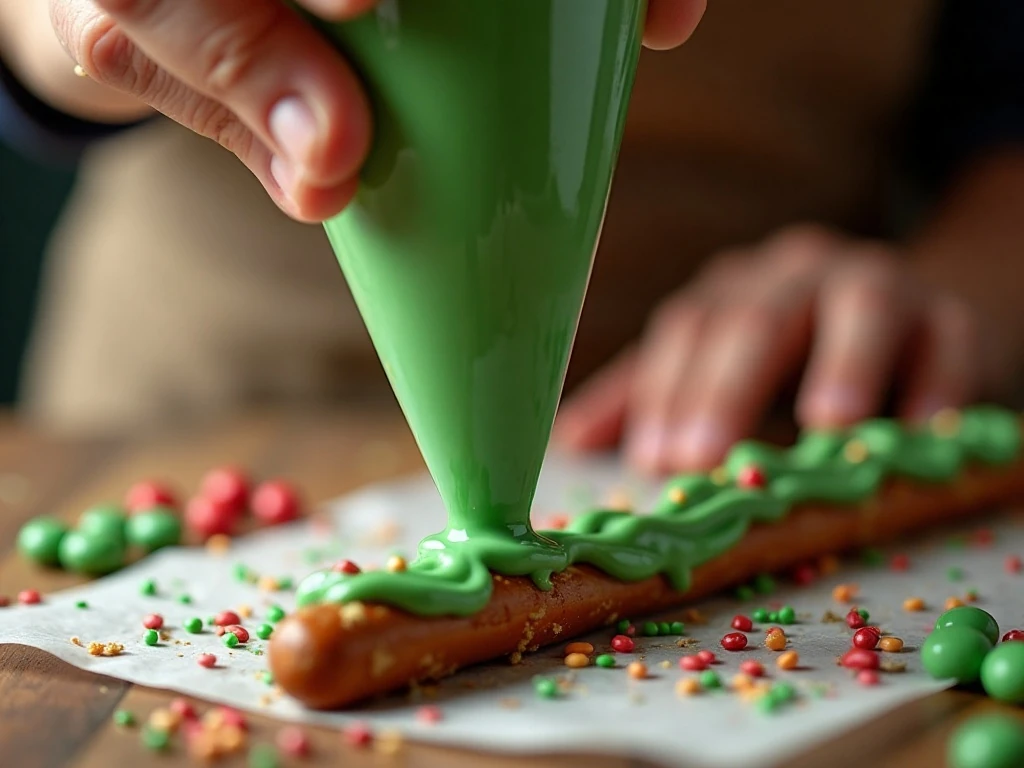 Piping green candy coating into a Christmas tree shape on a pretzel rod