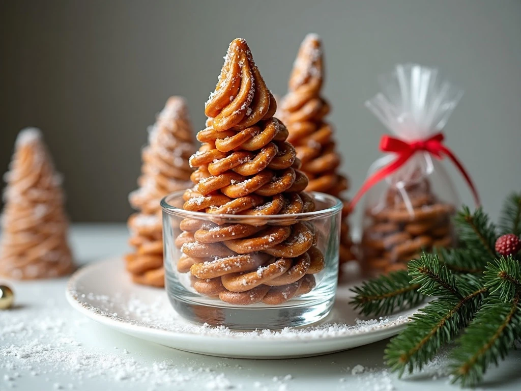 Christmas tree pretzels displayed as festive party treats