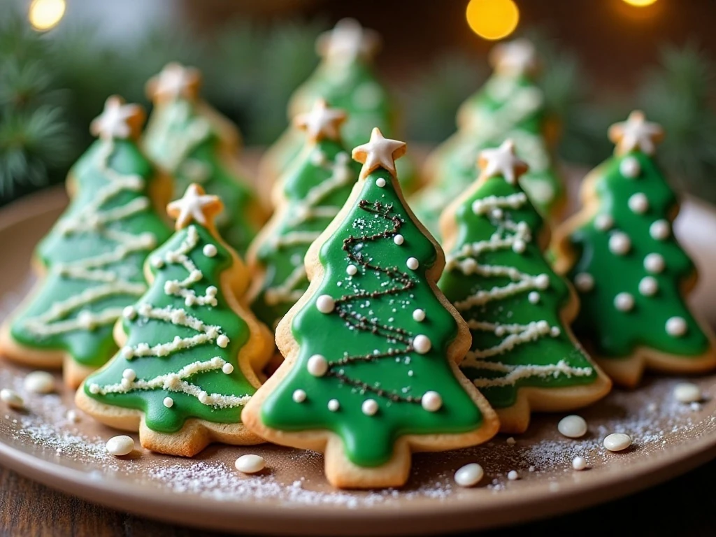 Festive platter of decorated Christmas tree sugar cookies