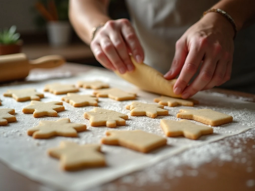 Cutting Christmas tree shapes from chilled sugar cookie dough