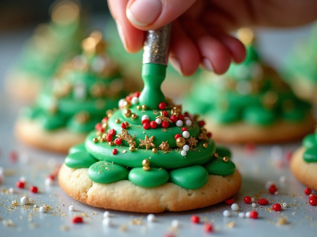 Green iced Christmas tree cookies with festive sprinkles