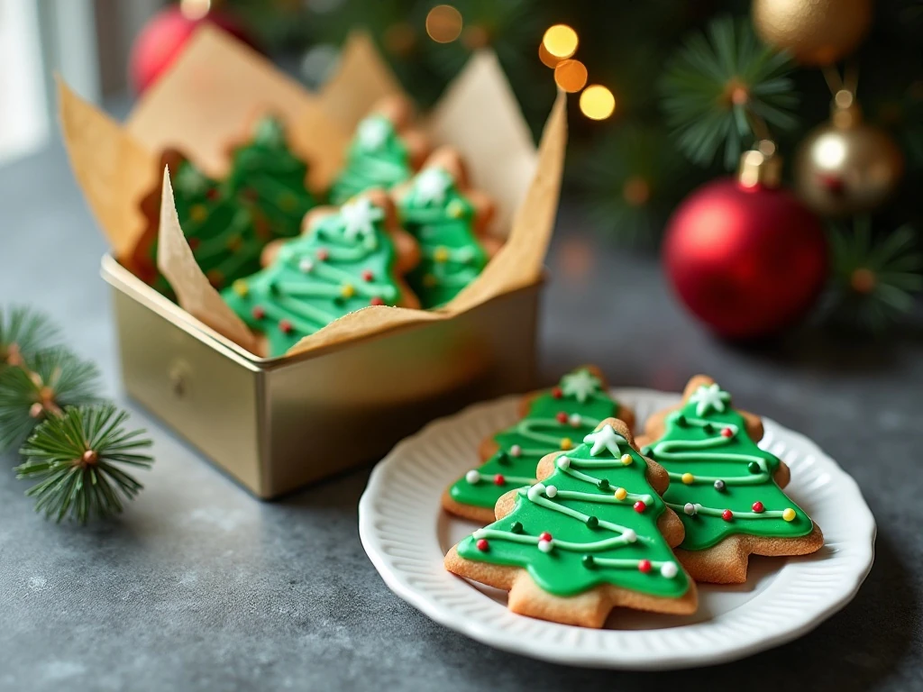 Christmas tree sugar cookies arranged for serving and gifting