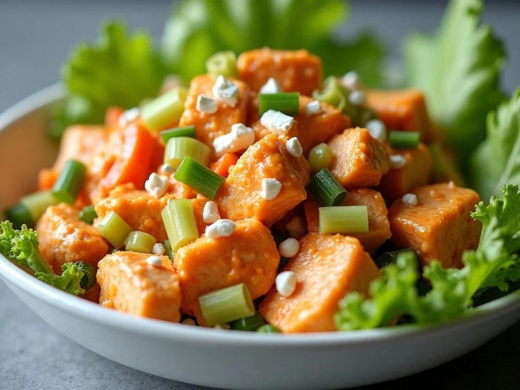 Chunky Buffalo chicken salad served over fresh greens