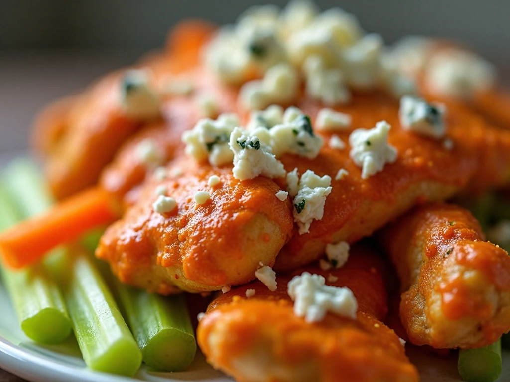 Close-up texture of creamy Buffalo chicken salad with blue cheese