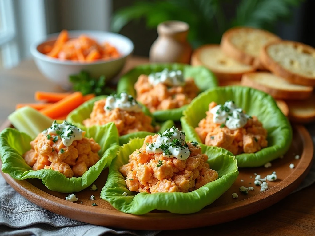 Buffalo chicken salad lettuce cups with vegetable sticks and toast
