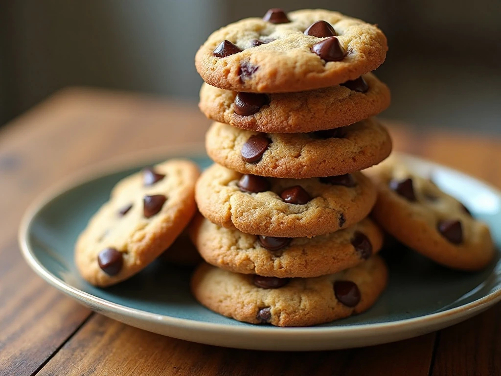 Stack of thick and chewy chunky chocolate chip peanut butter cookies