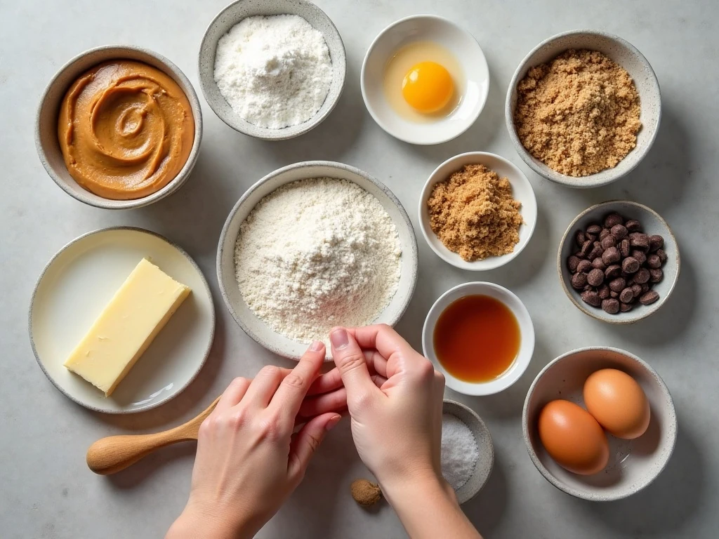 Ingredients for chunky chocolate chip peanut butter cookies