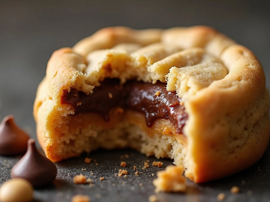 Soft chewy center of a chunky peanut butter chocolate chip cookie