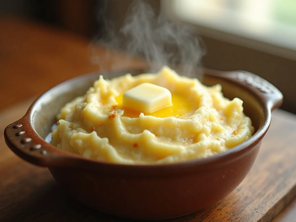 Creamy and chunky Yukon Gold mashed potatoes in a serving bowl