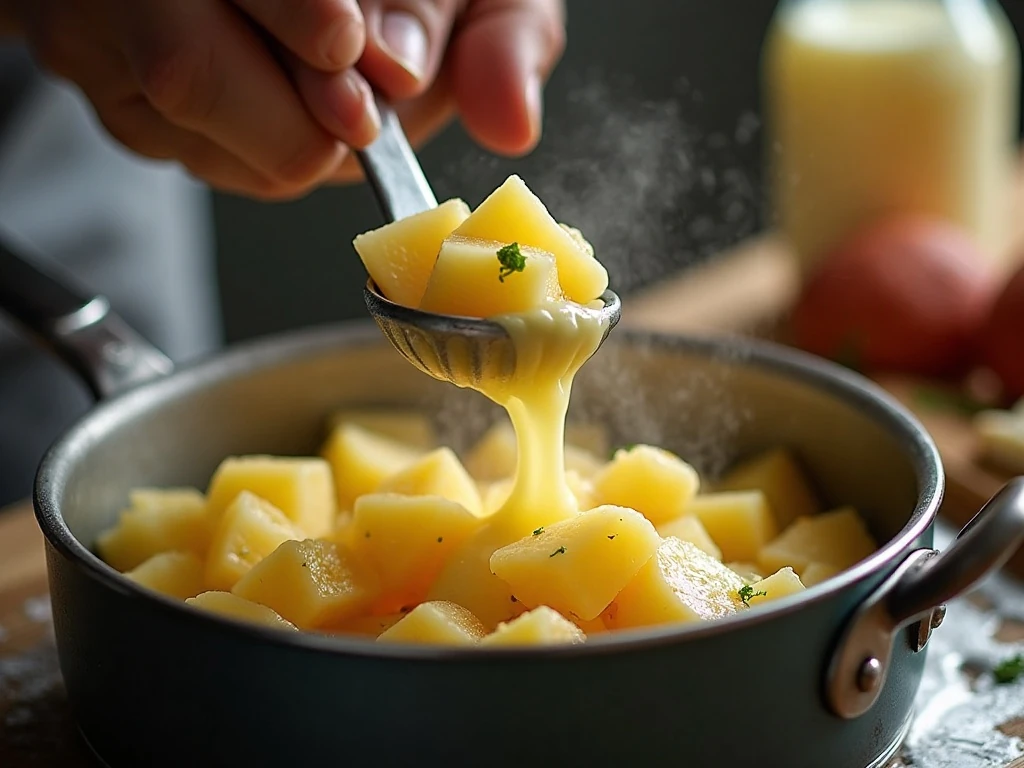 Hand-mashing Yukon Gold potatoes for a chunky creamy texture