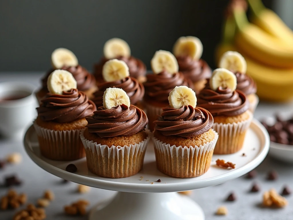 A dozen chunky monkey cupcakes with chocolate frosting, walnuts, and chocolate pieces