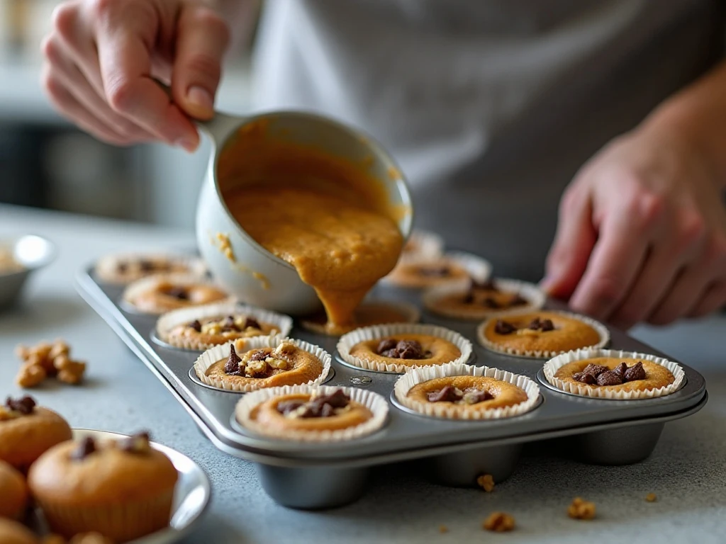 Chunky monkey cupcake batter filled with chocolate chips and walnuts in a muffin pan