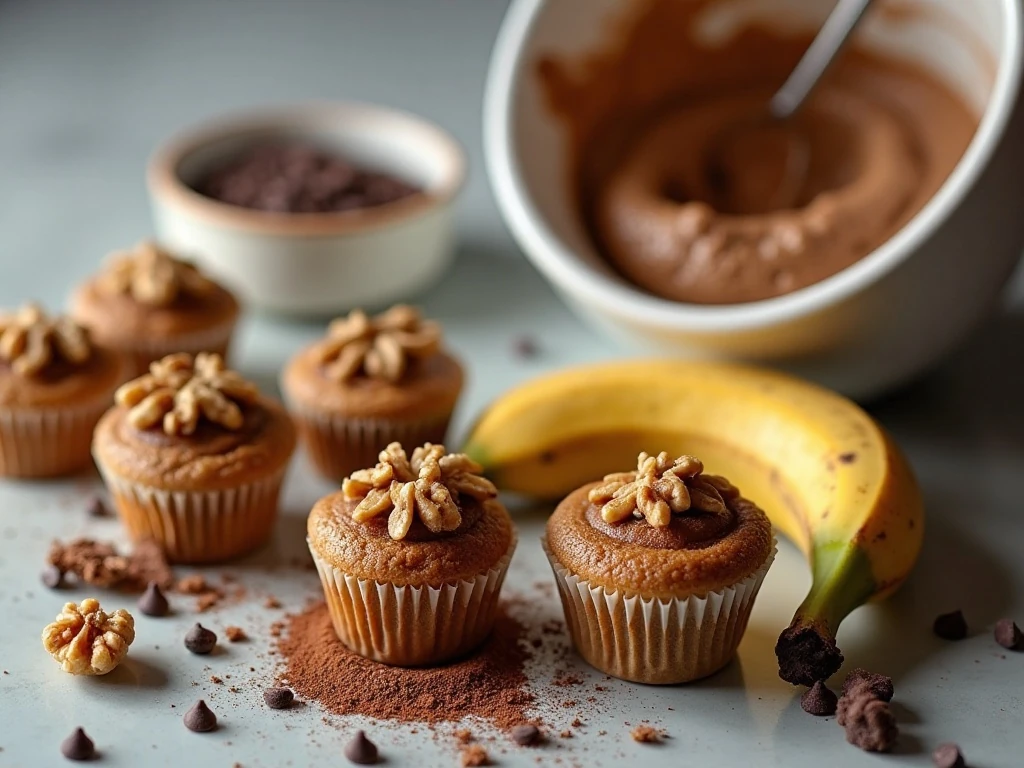Ripe bananas, toasted walnuts, chocolate, and batter for tender cupcakes