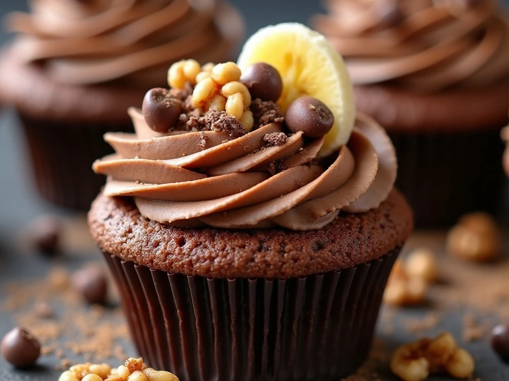 Close-up chunky monkey cupcake decorated with walnuts, chocolate, and banana chips