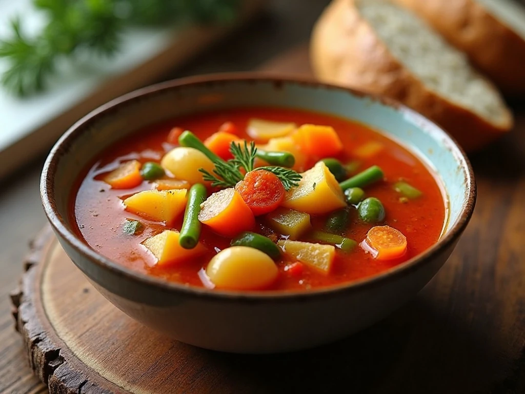 Chunky vegetable soup with smoked paprika served with crusty bread
