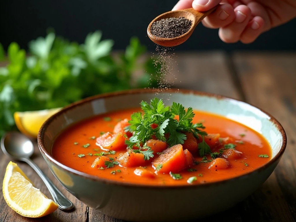 Parsley and black pepper garnish on chunky vegetable soup