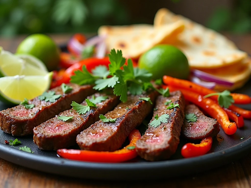 Grilled cilantro lime beef fajitas with peppers, onions, tortillas, lime, and cilantro